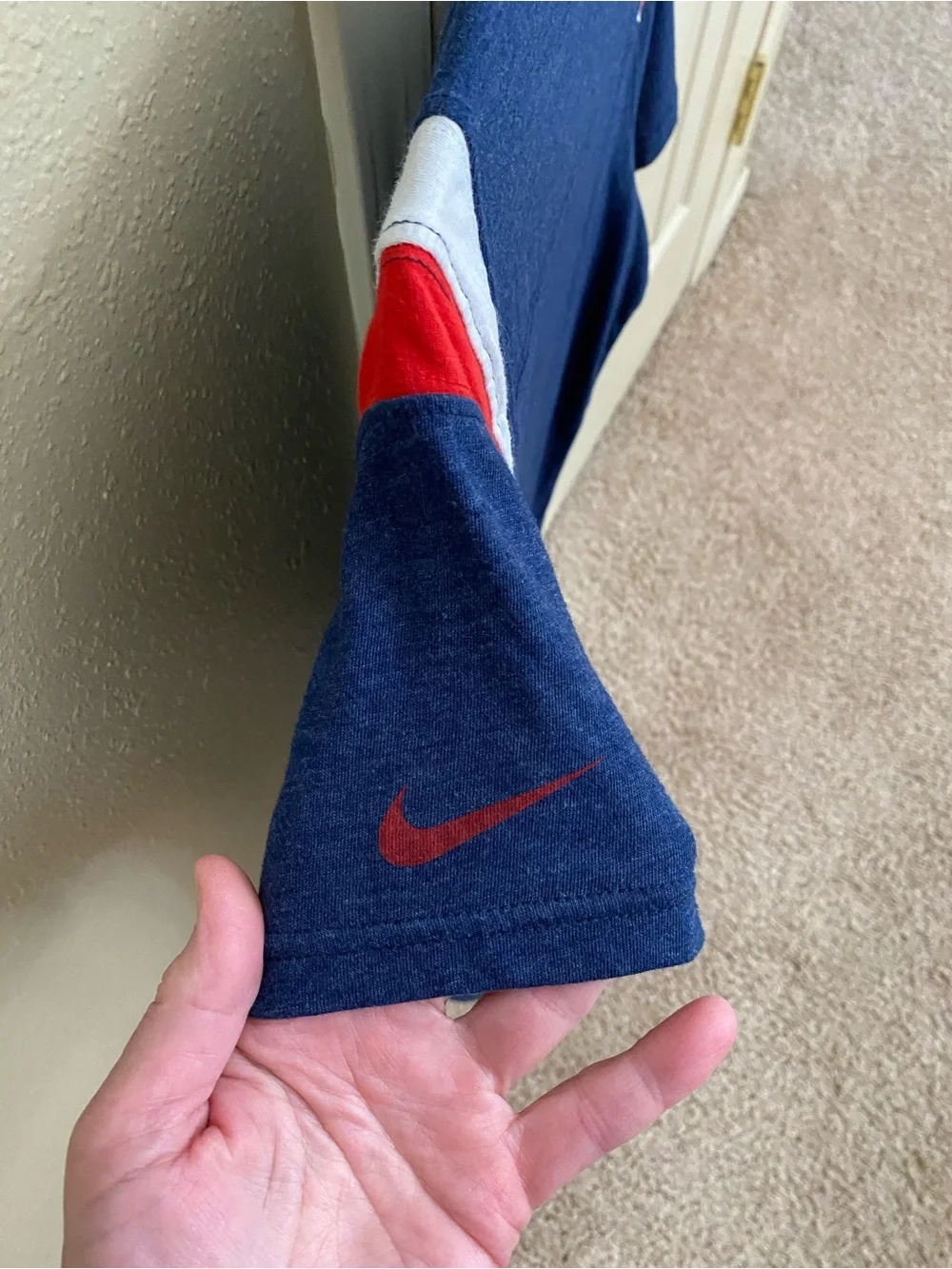 Nike Navy Patriots V-Neck Tee with Red & White Shoulder Panels